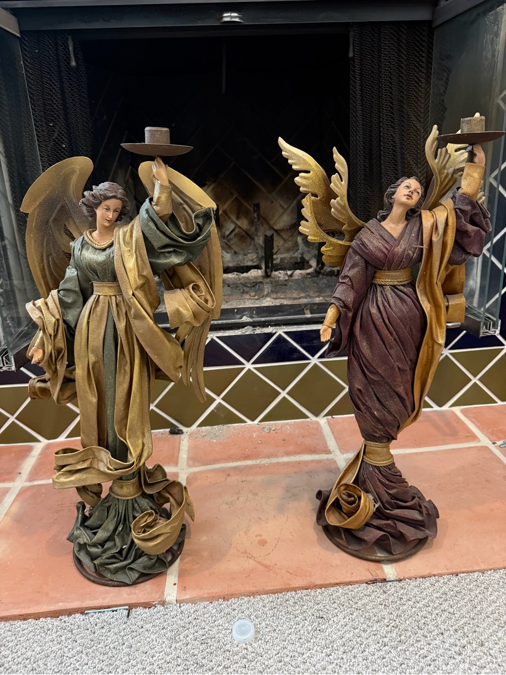 Decorative Pair of Gold-Accented Green and Burgundy Angel Sculptures